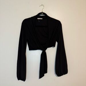 Spring Haze | Long Sleeve V-Neck Front Tie Black Top